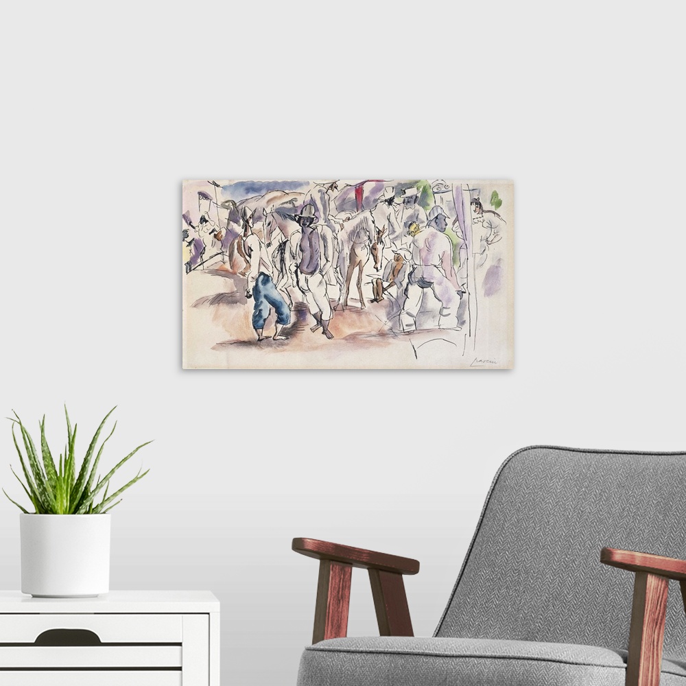 A modern room featuring Figures And Horses (Originally watercolor on paper)