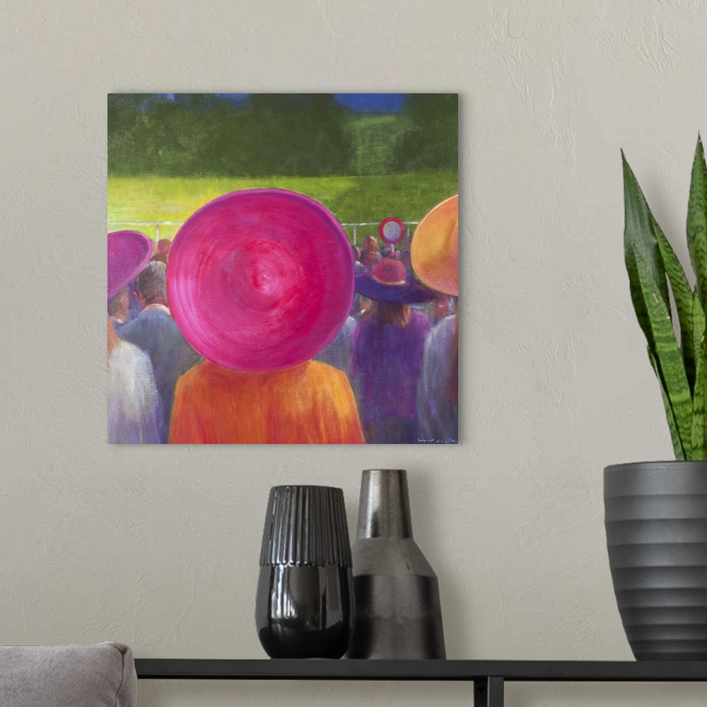 A modern room featuring Contemporary painting of a rear view of women in large sun hats watching a horse race.