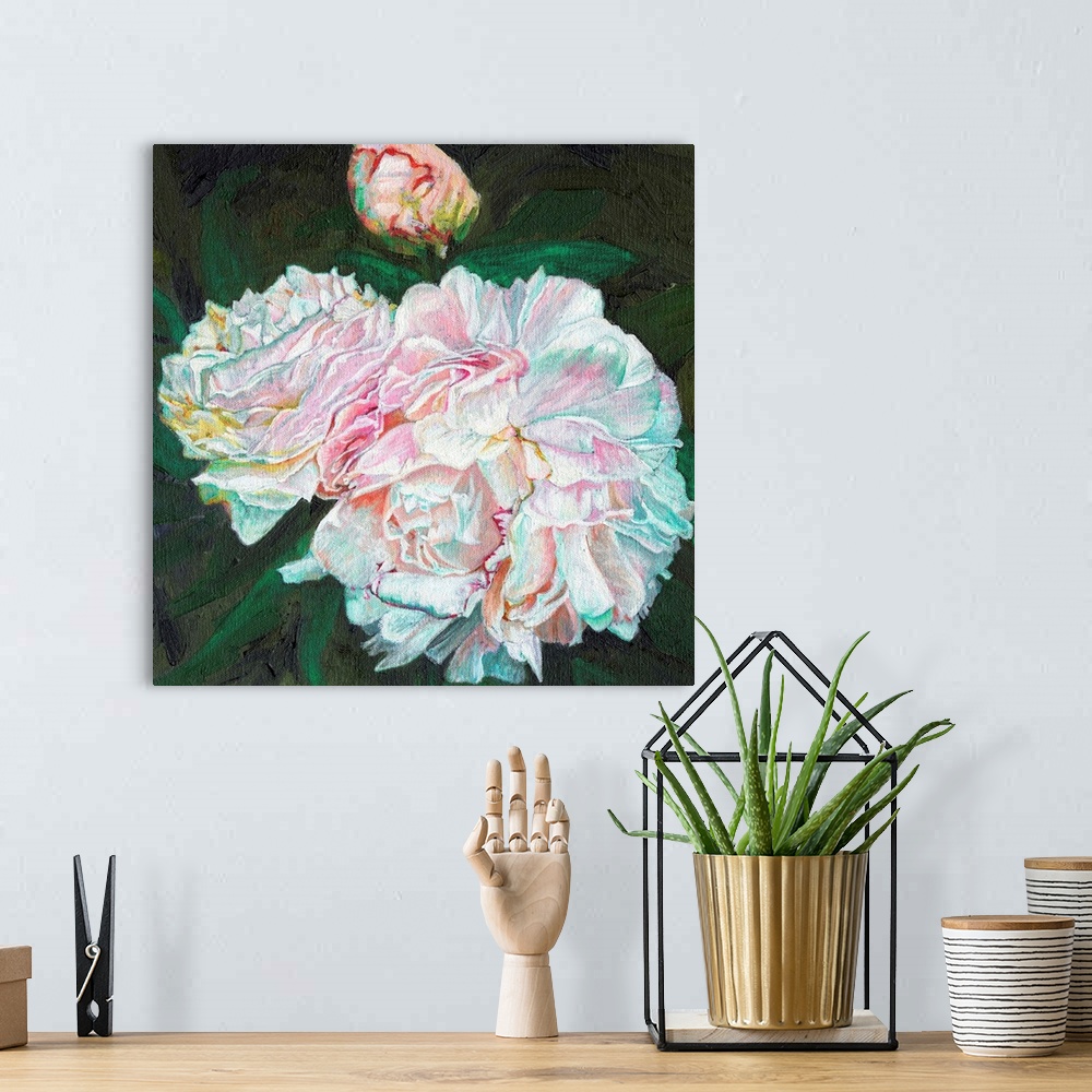 A bohemian room featuring Contemporary painting of bright white and pink blossoming flowers.