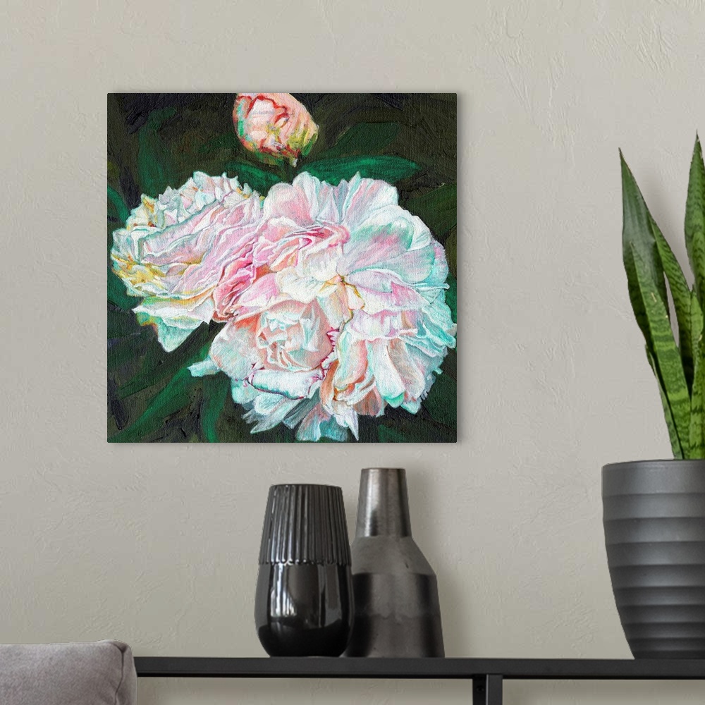 A modern room featuring Contemporary painting of bright white and pink blossoming flowers.