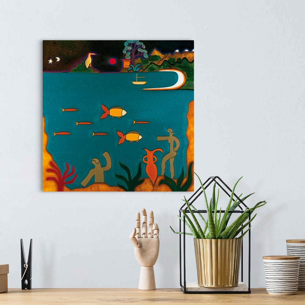 A bohemian room featuring Contemporary artwork of a view of fish under water and boats on the surface of the water.