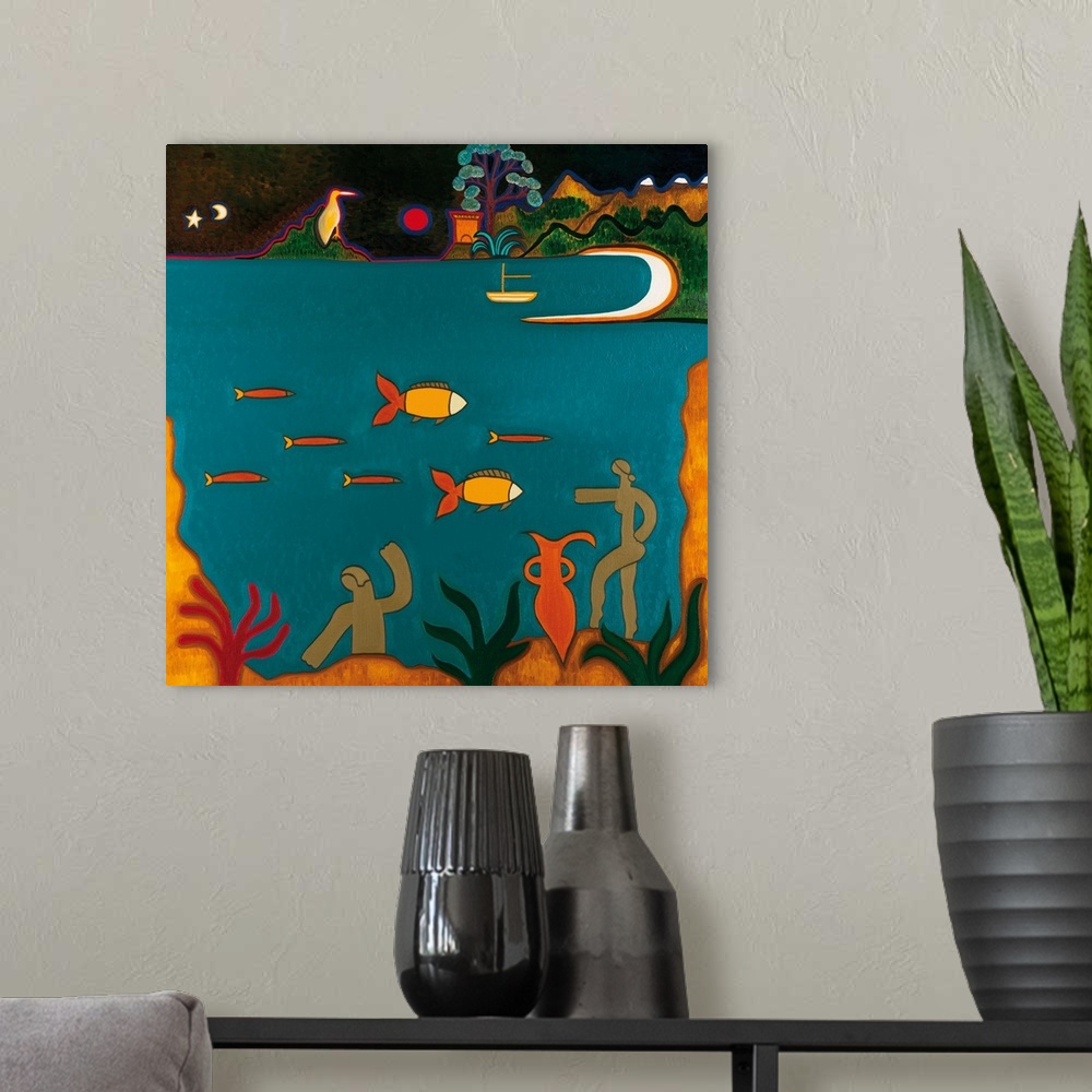 A modern room featuring Contemporary artwork of a view of fish under water and boats on the surface of the water.
