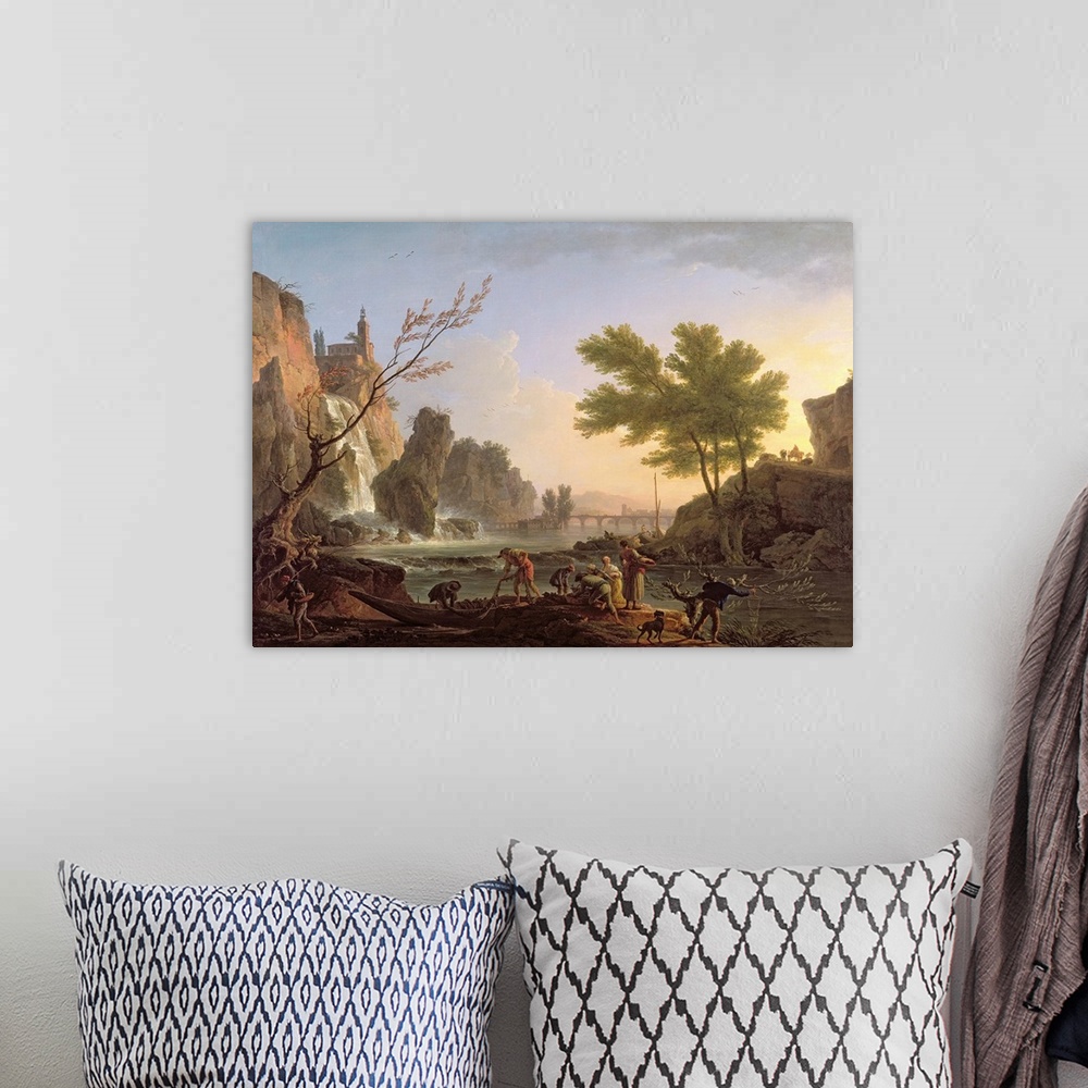 A bohemian room featuring Fisherman in a landscape with a cascade and a bridge