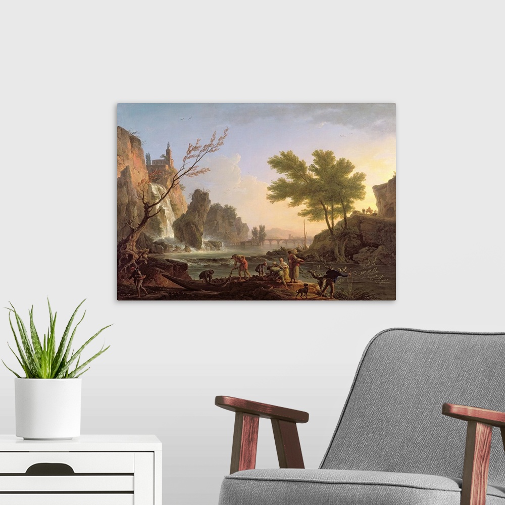 A modern room featuring Fisherman in a landscape with a cascade and a bridge