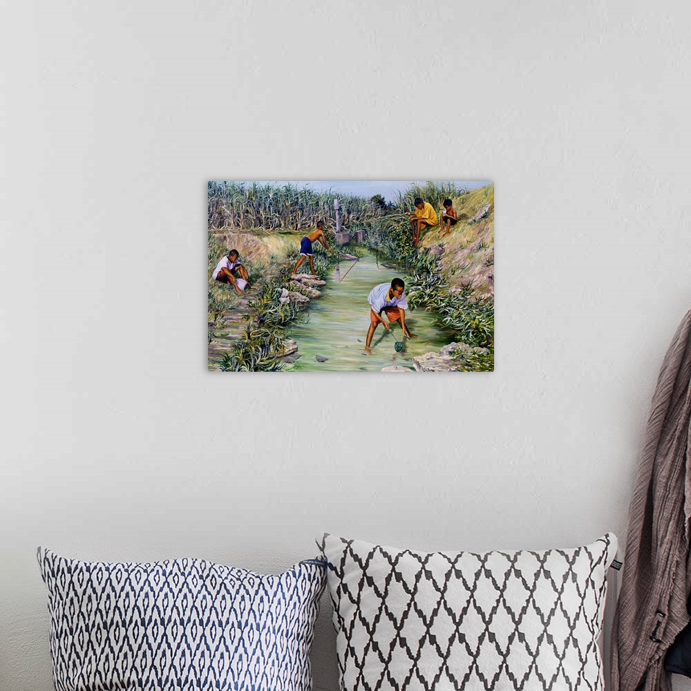 A bohemian room featuring This wall art is a realistic landscape painting African-American art of young men fishing in a st...