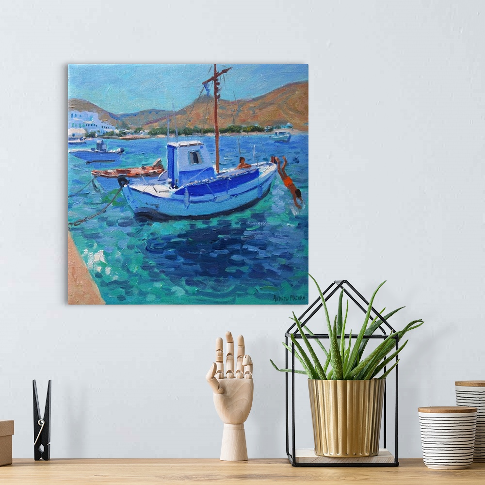 A bohemian room featuring Contemporary painting of fishing boats docked in the harbor.