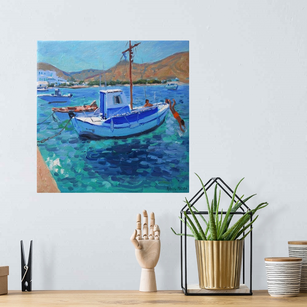 A bohemian room featuring Contemporary painting of fishing boats docked in the harbor.