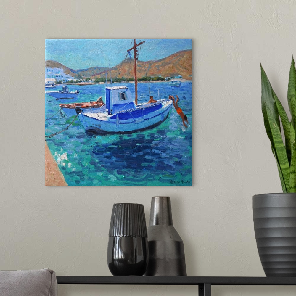 A modern room featuring Contemporary painting of fishing boats docked in the harbor.
