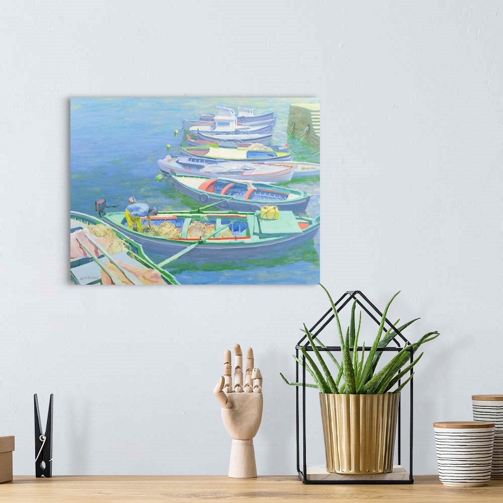A bohemian room featuring Fishing Boats, originally oil on board.
