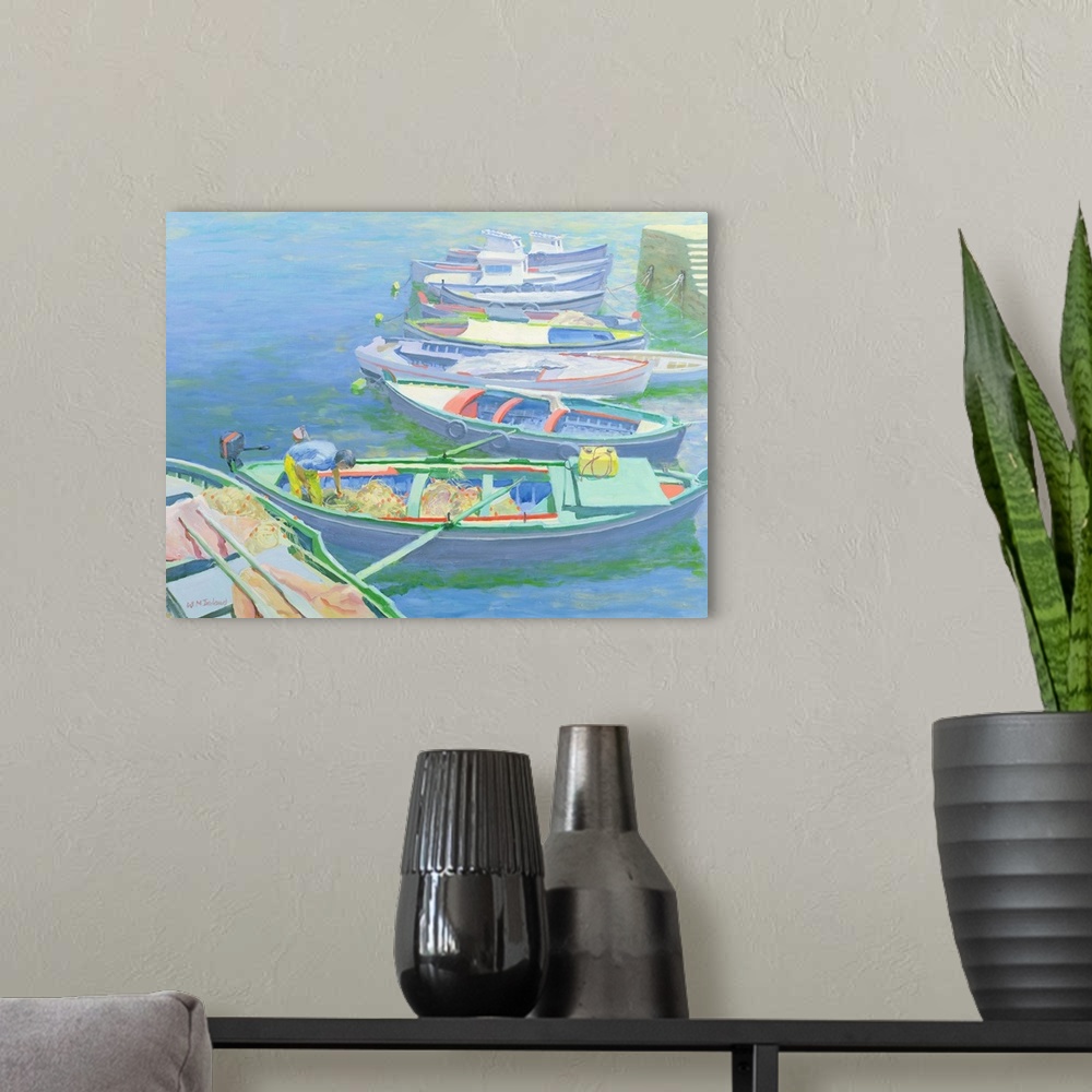 A modern room featuring Fishing Boats, originally oil on board.