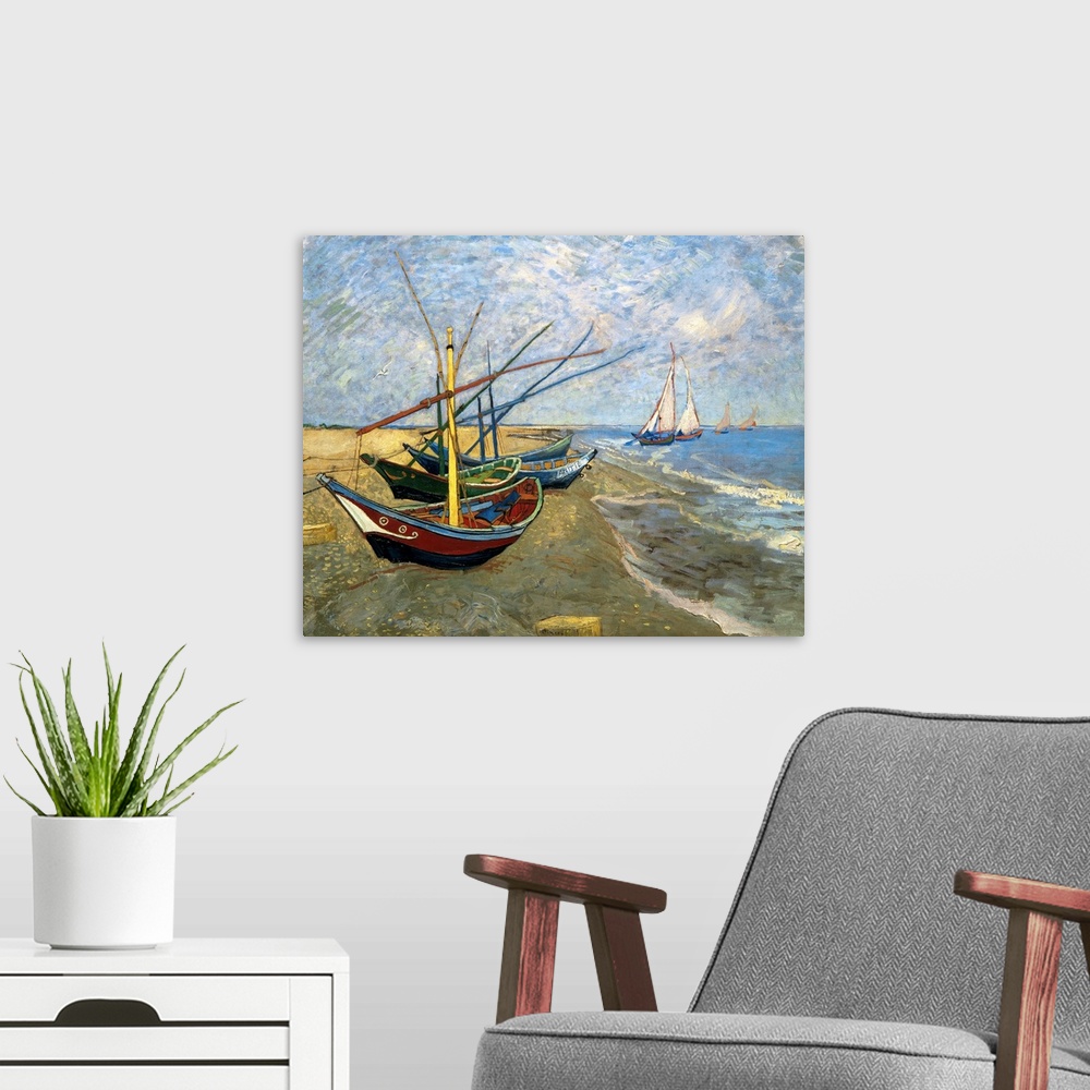A modern room featuring Classical painting of fishing vessels docked on sand with sailboats sailing just off the shore on...