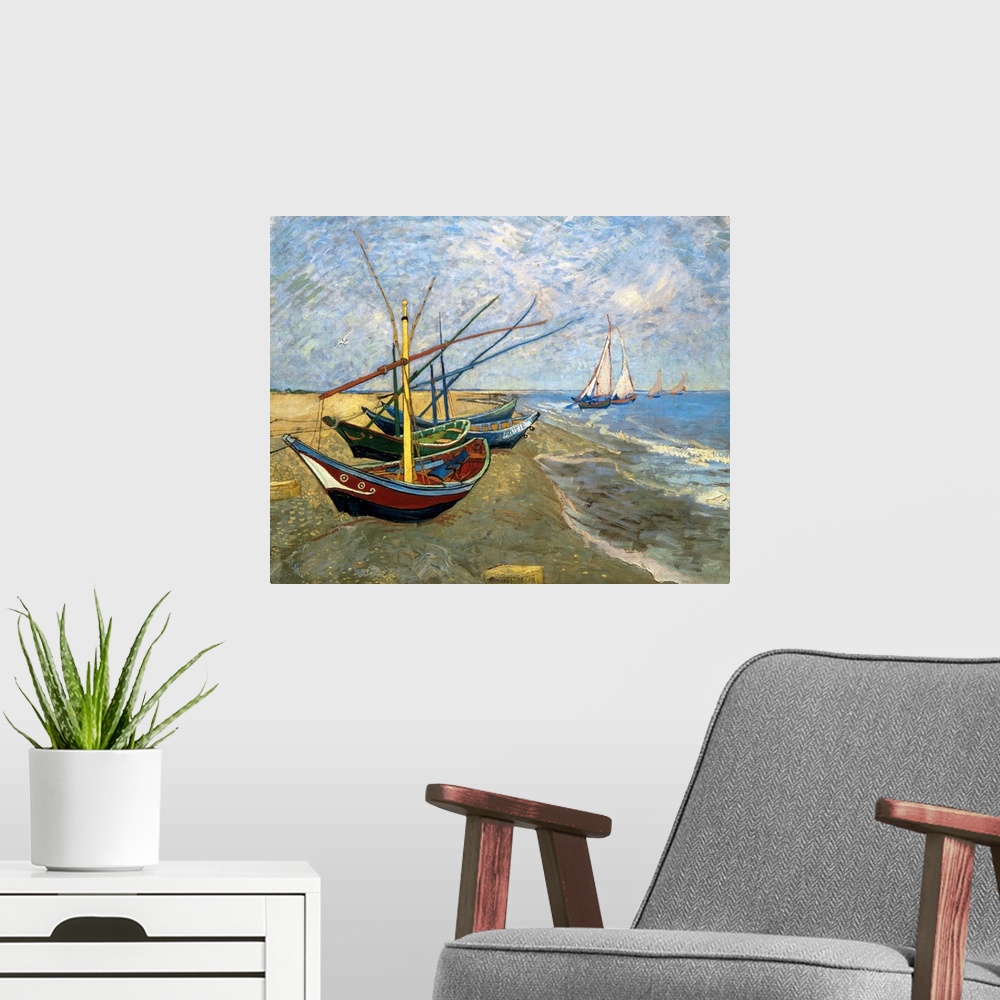 A modern room featuring Classical painting of fishing vessels docked on sand with sailboats sailing just off the shore on...