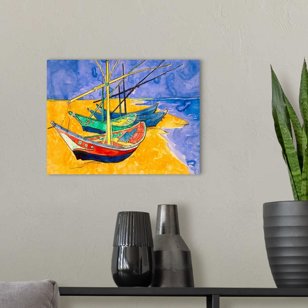 A modern room featuring This Impressionist painting uses flat colors and line art show sail boats pulled up on the shore.