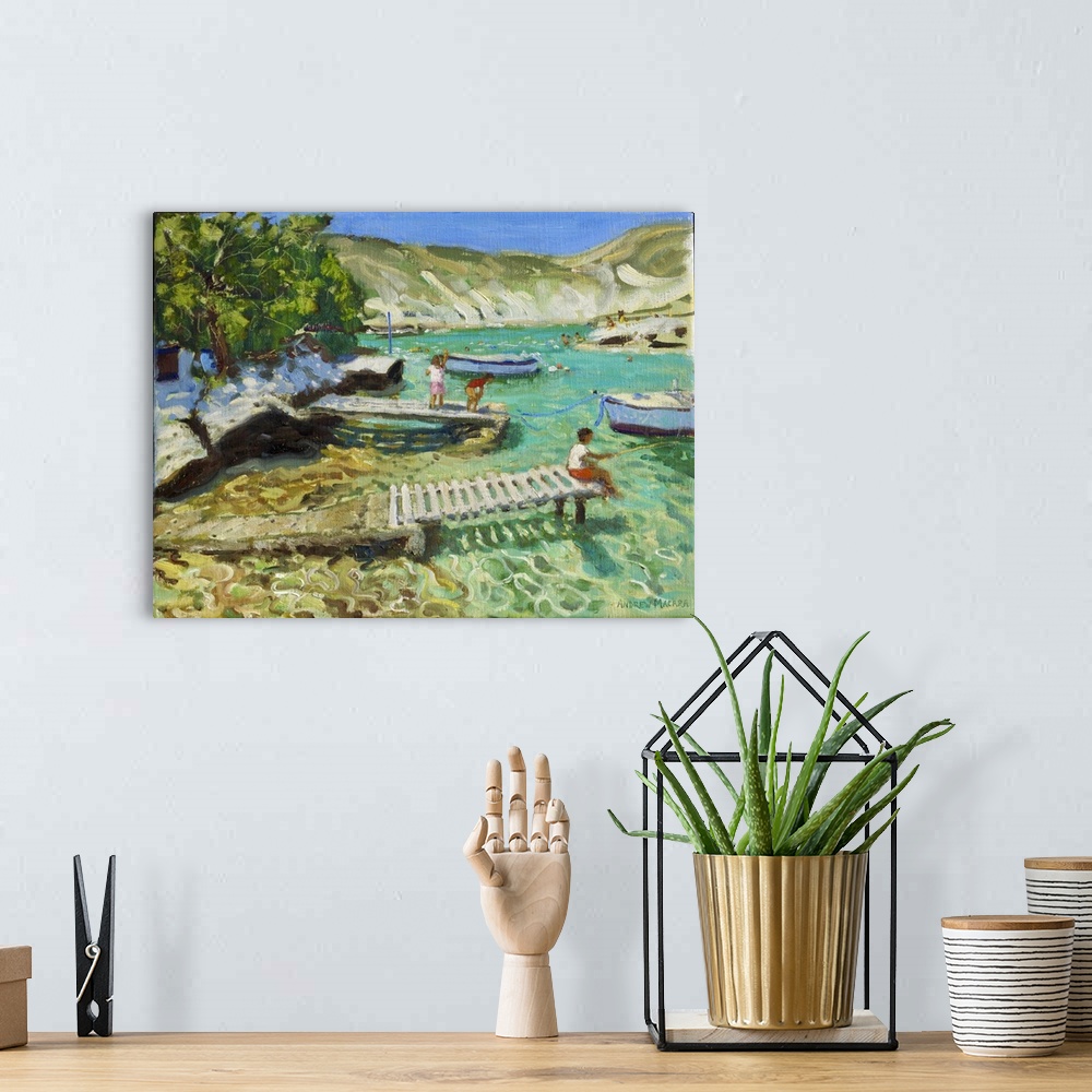 A bohemian room featuring Fishing from the jetty, Milos, Greece, 2018-2019. Originally oil on canvas.
