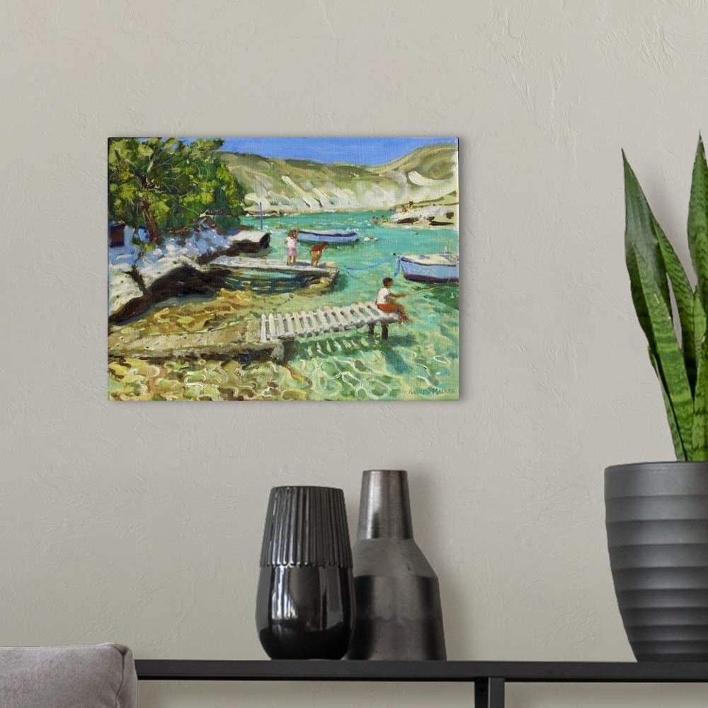 A modern room featuring Fishing from the jetty, Milos, Greece, 2018-2019. Originally oil on canvas.