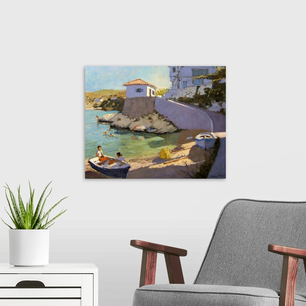 A modern room featuring Horizontal, large painting of buildings and a road along a beach, people swimming in the water, a...