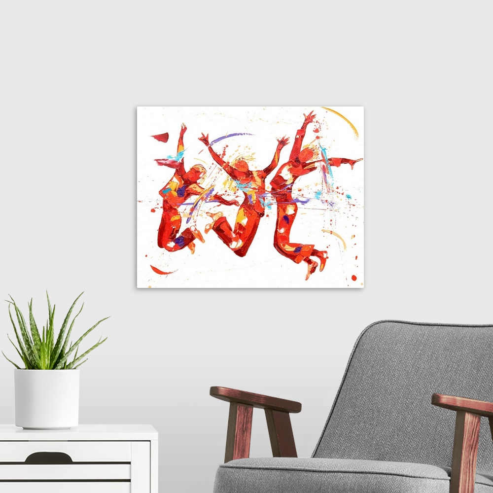 A modern room featuring Contemporary painting of figures leaping into the air and dancing.