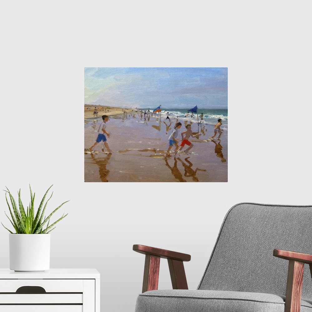 A modern room featuring Decorative art for the home or beach house this landscape photograph shows children on a sandy be...