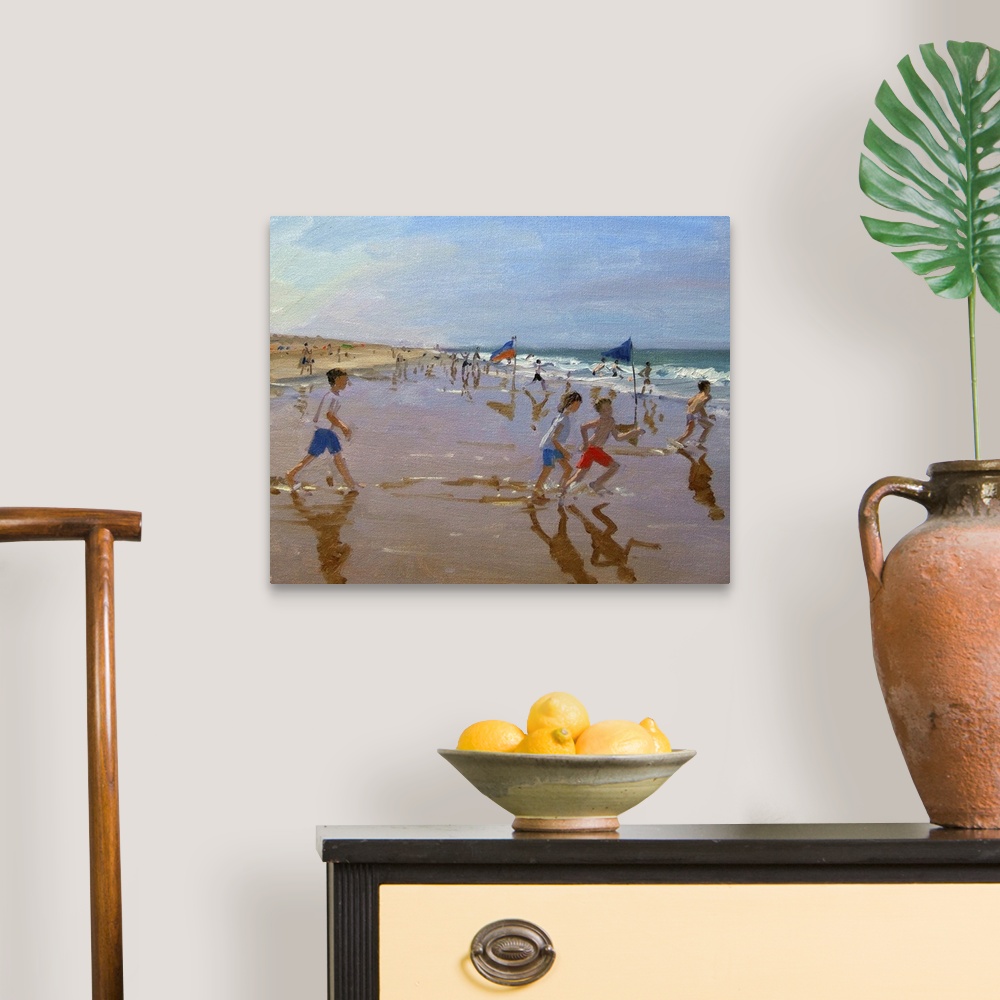 A traditional room featuring Decorative art for the home or beach house this landscape photograph shows children on a sandy be...