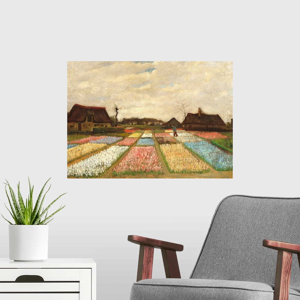 A modern room featuring Landscape painting by Vincent Van Gogh of flower beds in Holland.