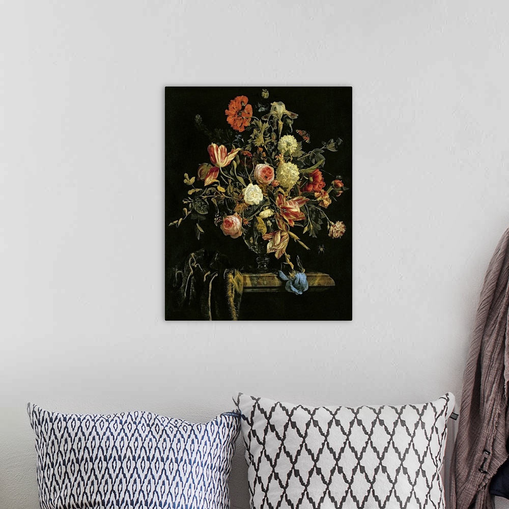 A bohemian room featuring Flowers are painted growing out of a glass vase against a dark background. Some of the flowers ar...