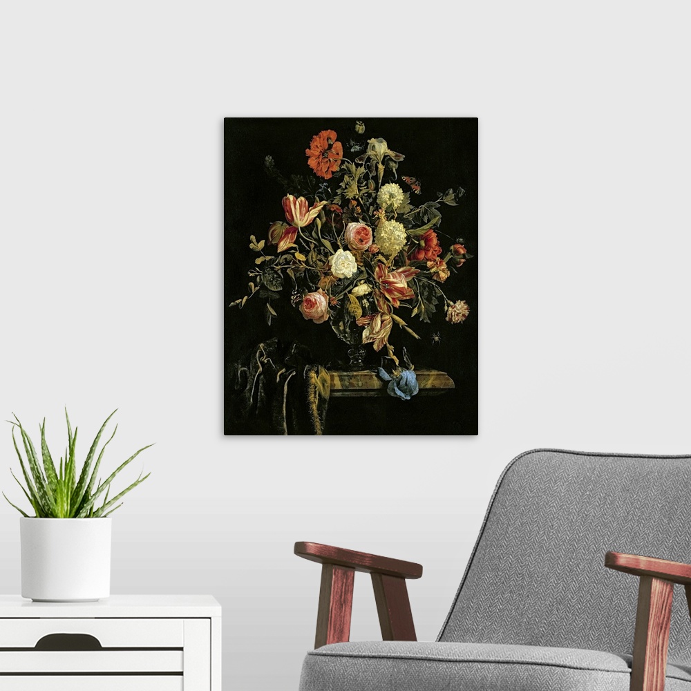 A modern room featuring Flowers are painted growing out of a glass vase against a dark background. Some of the flowers ar...
