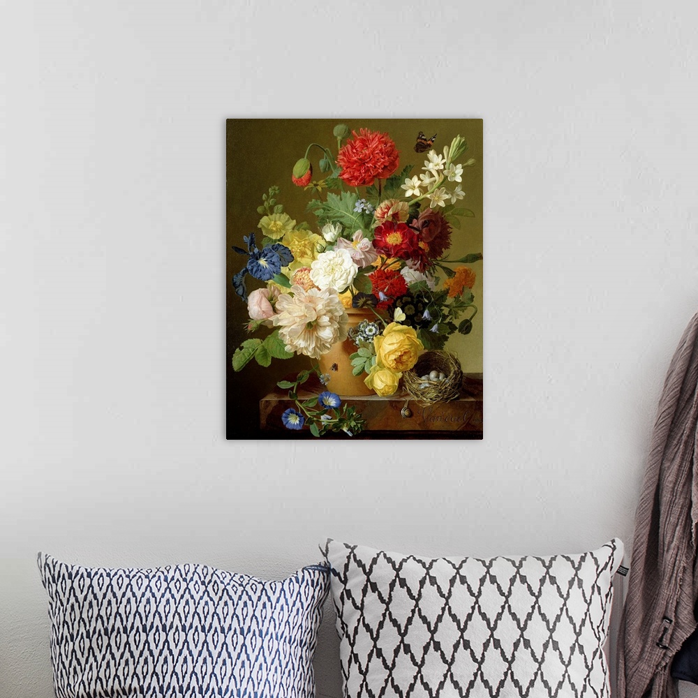 A bohemian room featuring A nineteenth century still life painting of enormous floral blooms of many varieties, a birdos ne...