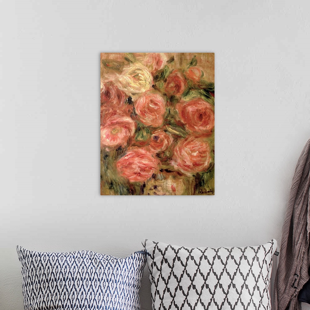 A bohemian room featuring Classical painting of various colored flowers on a grungy earth toned background.