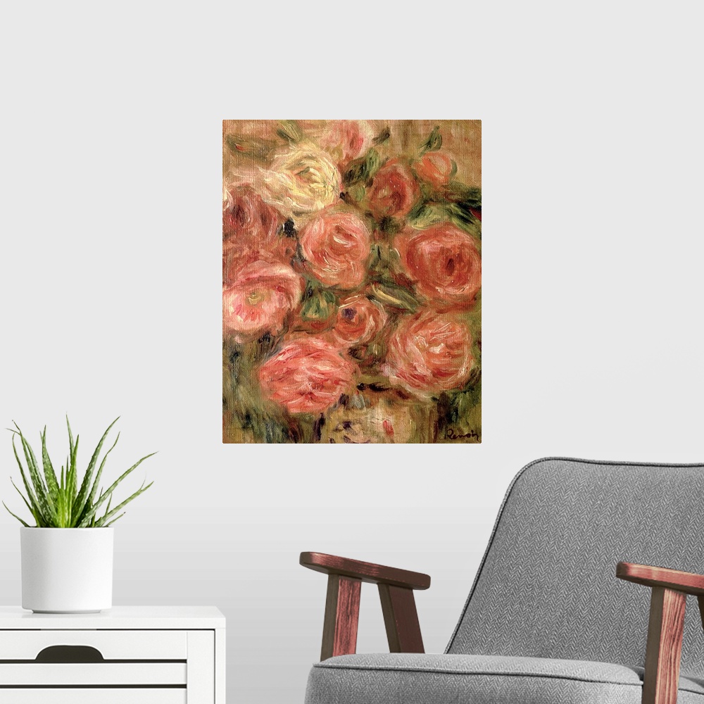A modern room featuring Classical painting of various colored flowers on a grungy earth toned background.
