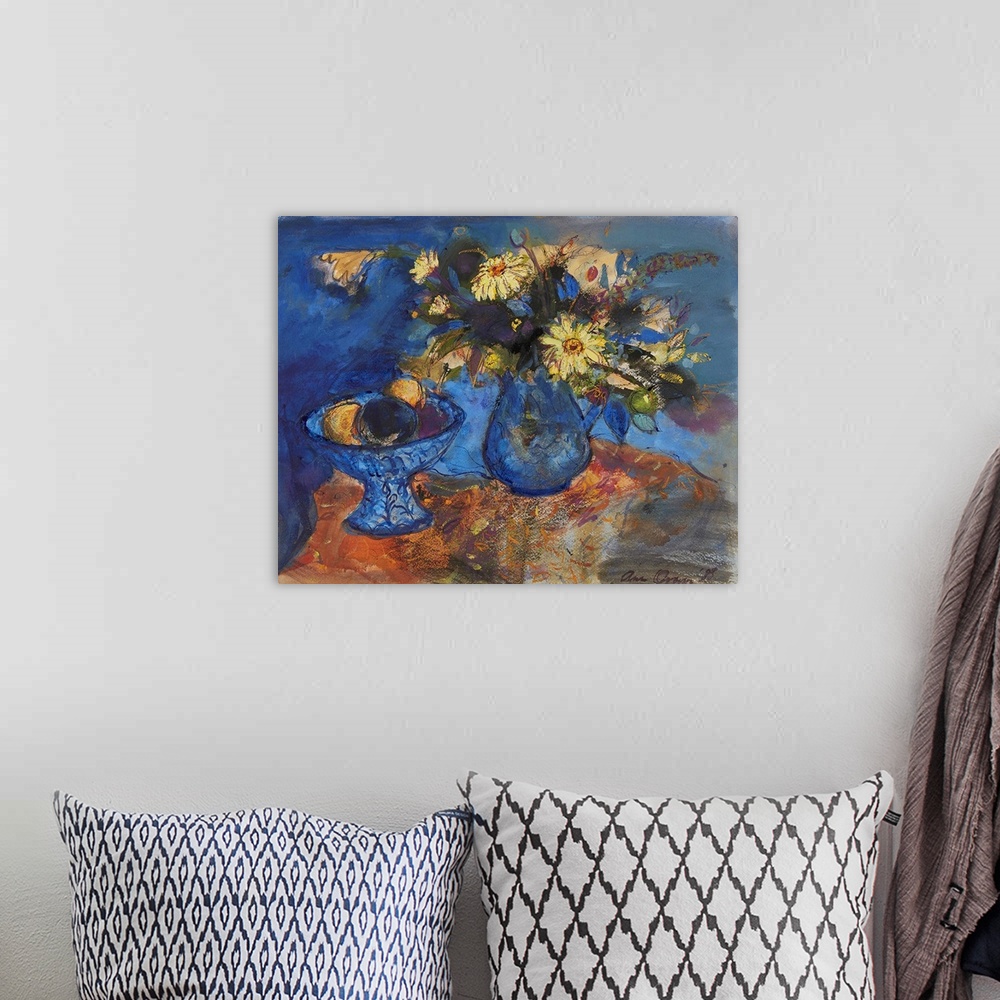 A bohemian room featuring Flowers And Fruit On Blue And Orange