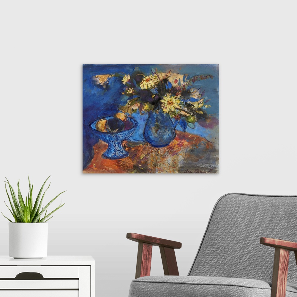 A modern room featuring Flowers And Fruit On Blue And Orange