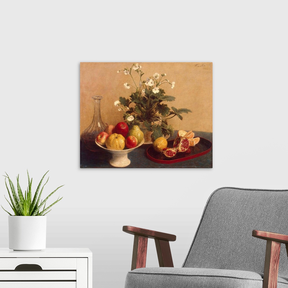 A modern room featuring BAL385527 Flowers, dish with fruit and carafe, 1865 (oil on canvas)  by Fantin-Latour, Ignace Hen...