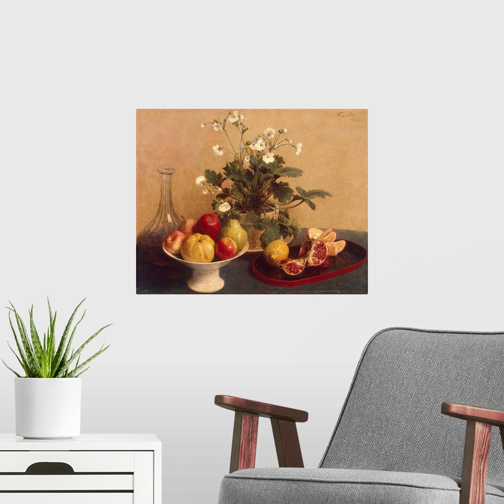 A modern room featuring BAL385527 Flowers, dish with fruit and carafe, 1865 (oil on canvas)  by Fantin-Latour, Ignace Hen...