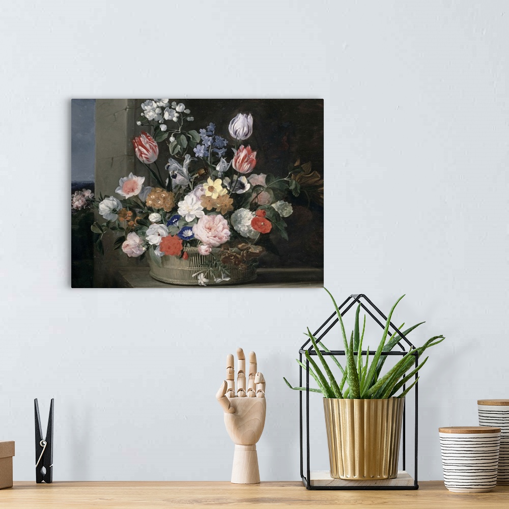 A bohemian room featuring Classical painting on canvas of a flower arrangement in a basket.