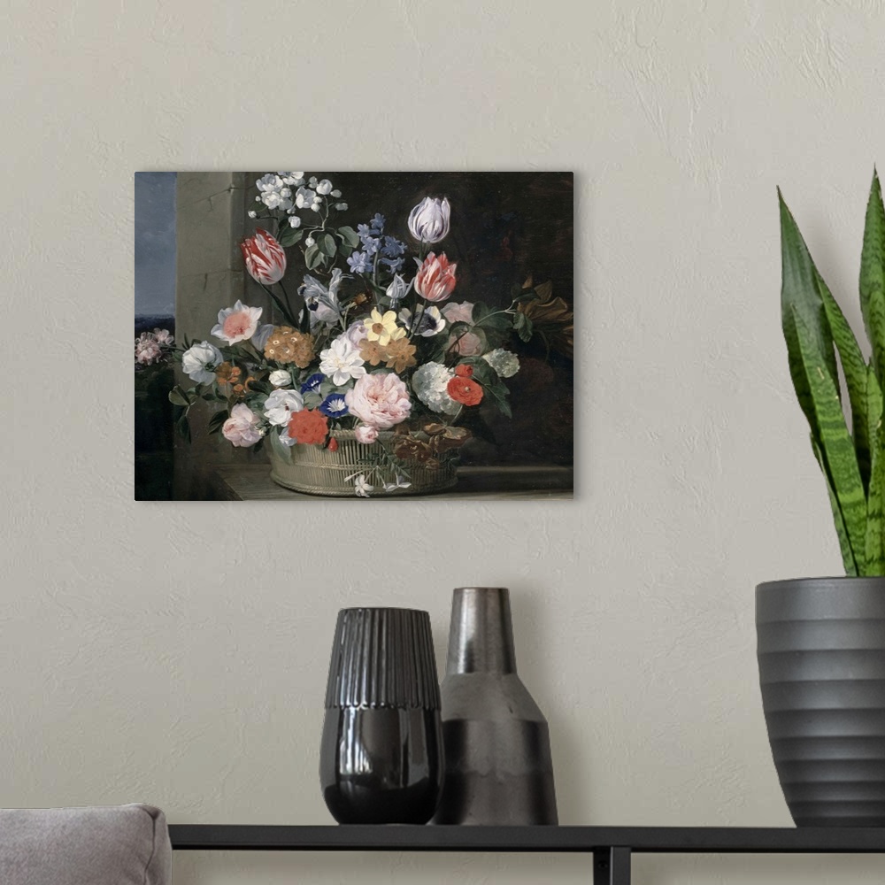A modern room featuring Classical painting on canvas of a flower arrangement in a basket.