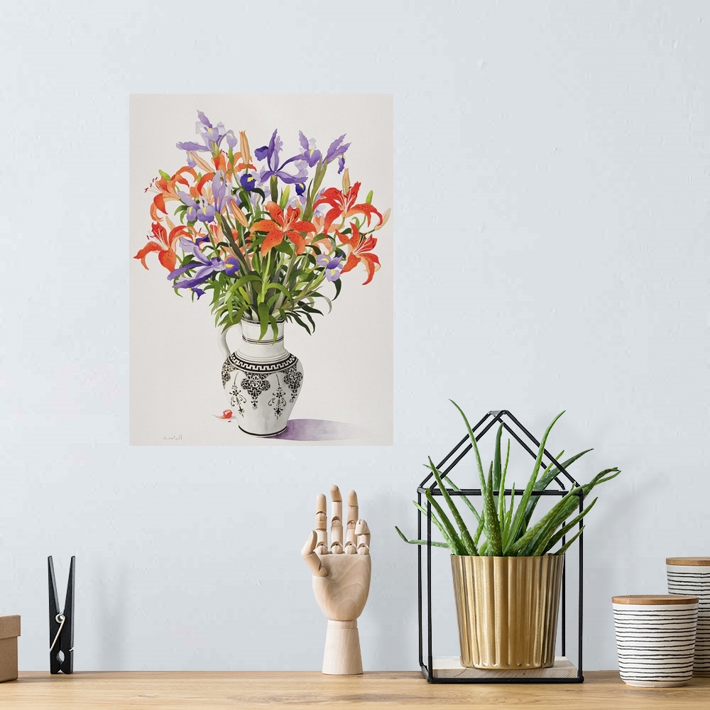 A bohemian room featuring Flowers in a Black and White Jug