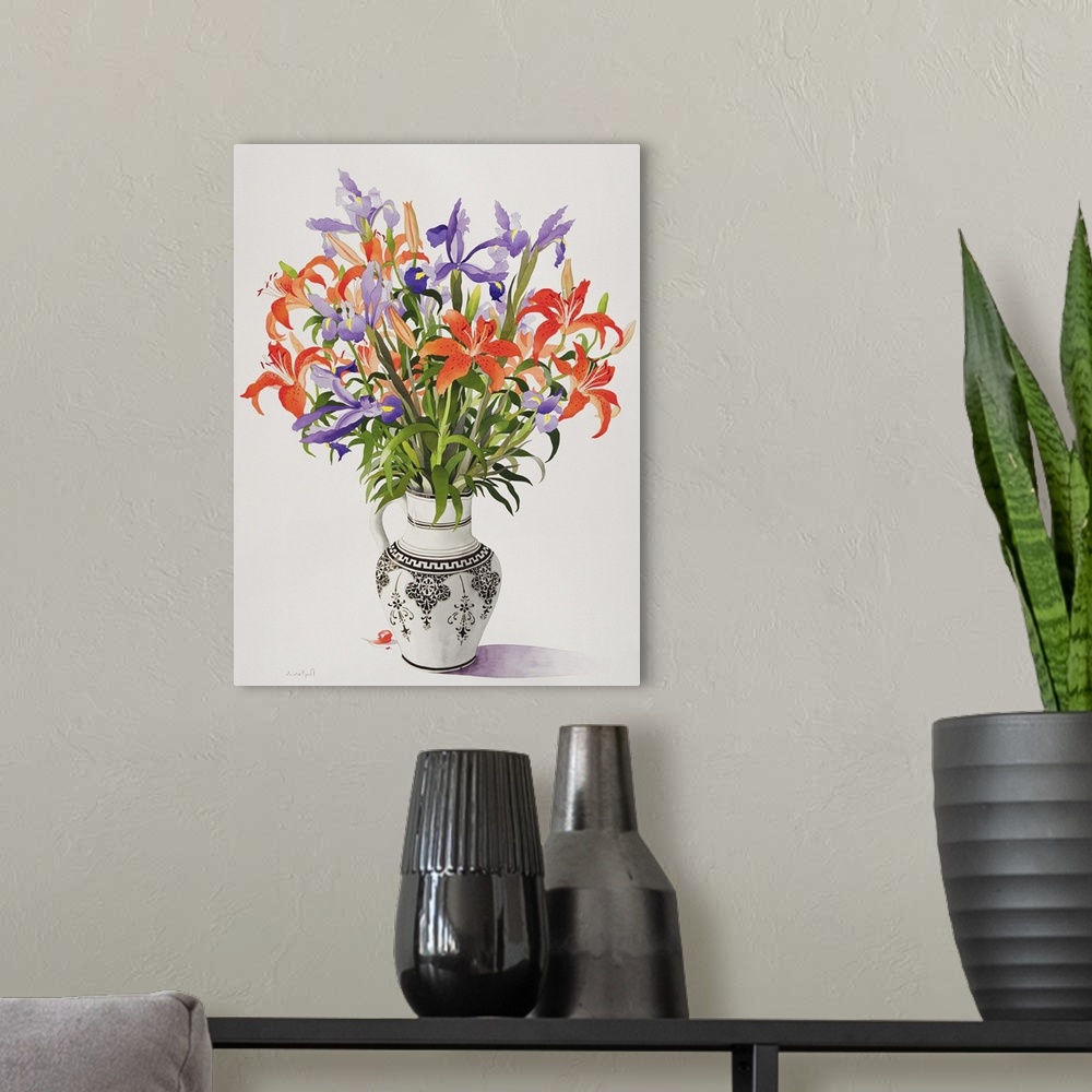 A modern room featuring Flowers in a Black and White Jug