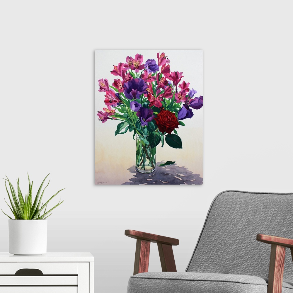 A modern room featuring Flowers with Red Rose, watercolour on paper.