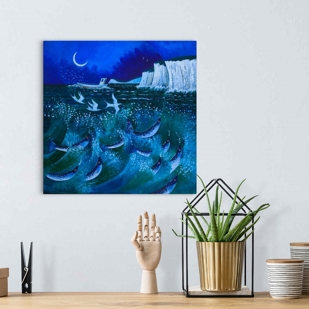 A bohemian room featuring Contemporary painting of fish leaping out of the ocean near sea cliffs at night.