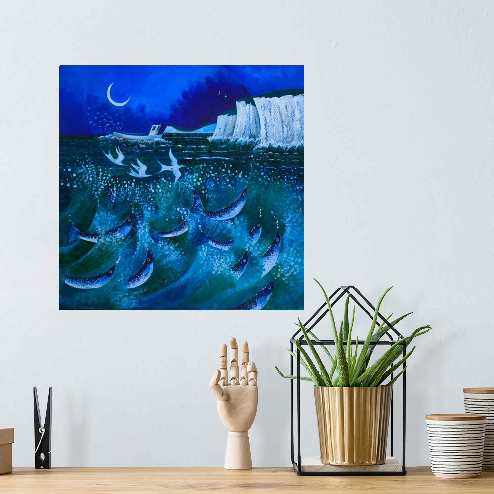 A bohemian room featuring Contemporary painting of fish leaping out of the ocean near sea cliffs at night.