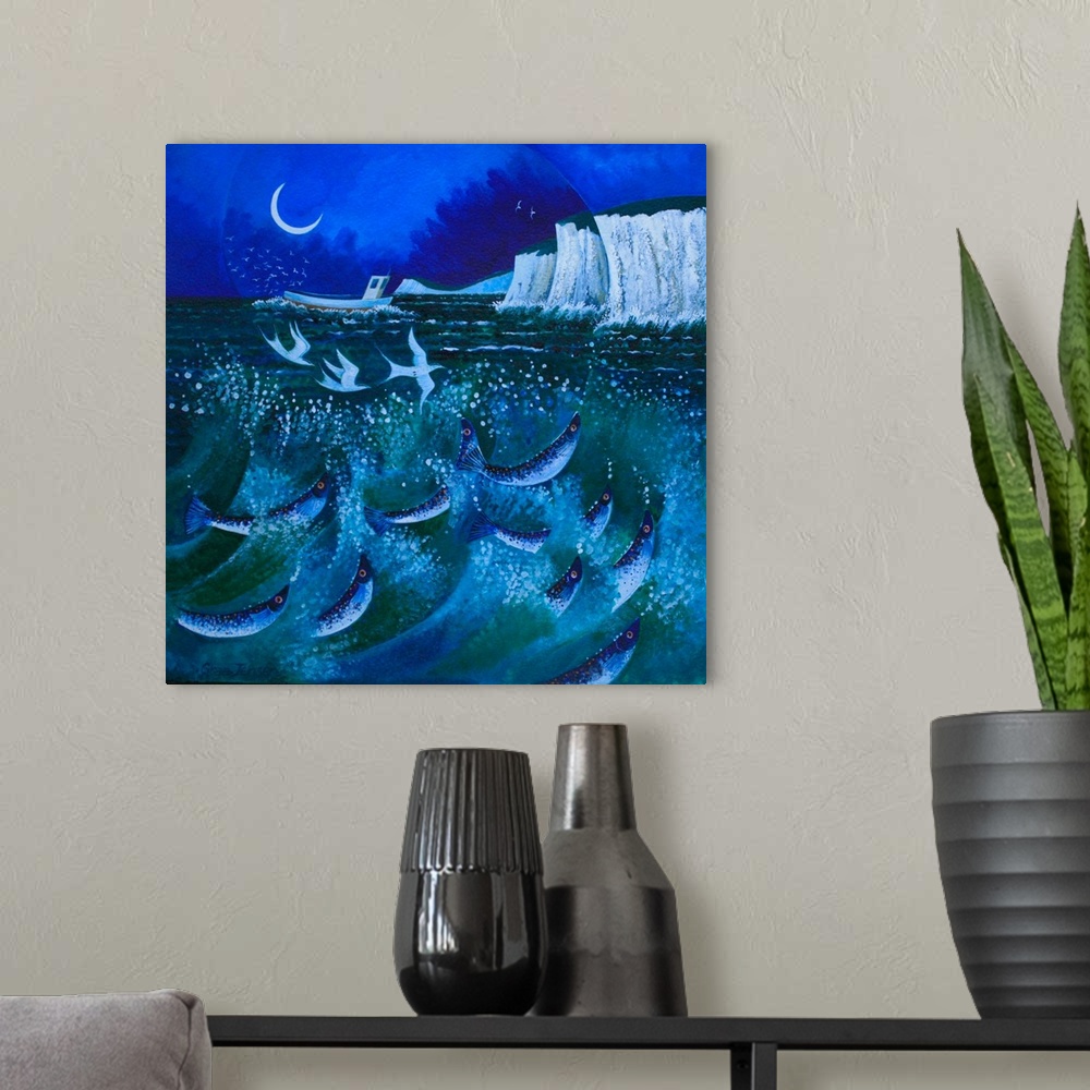 A modern room featuring Contemporary painting of fish leaping out of the ocean near sea cliffs at night.