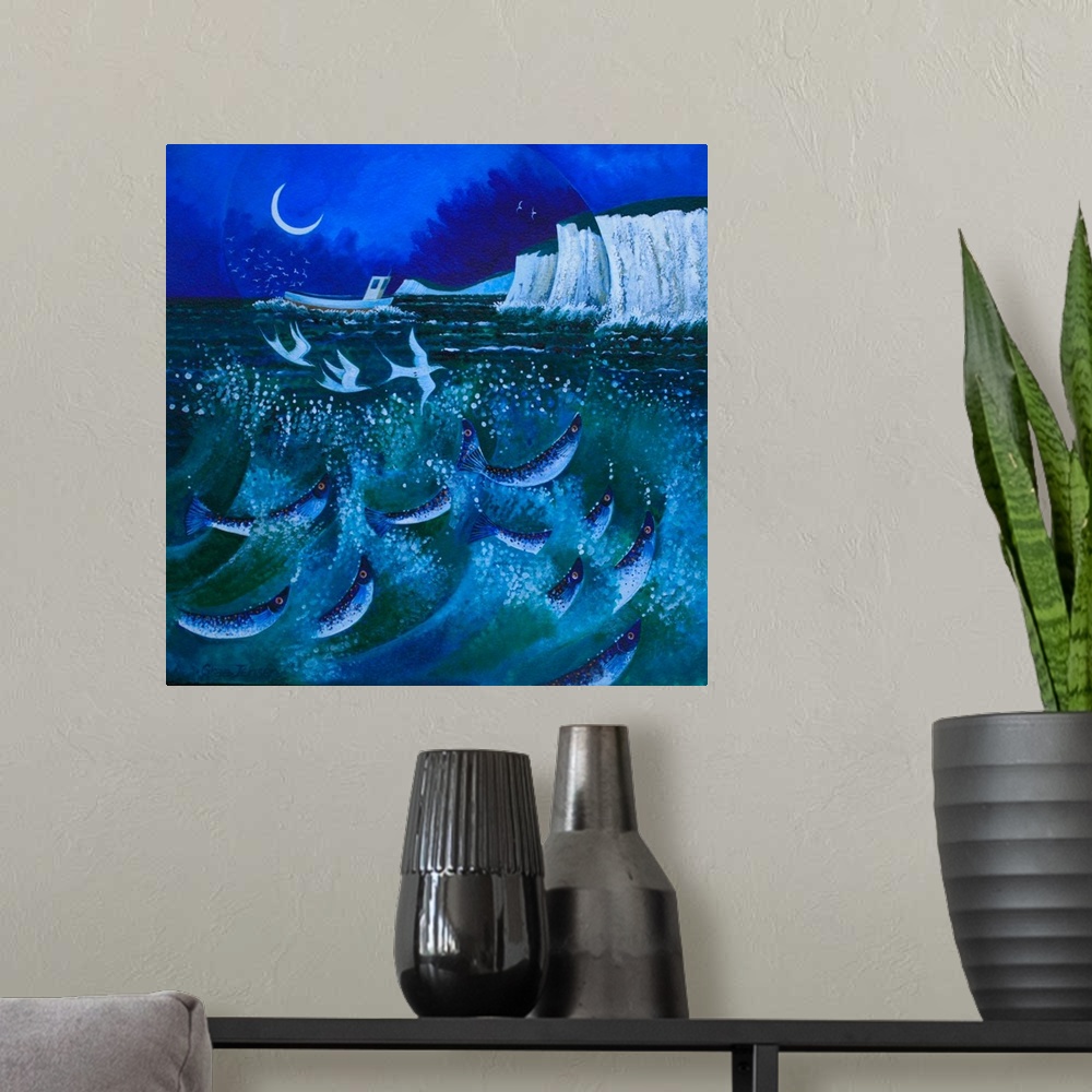 A modern room featuring Contemporary painting of fish leaping out of the ocean near sea cliffs at night.