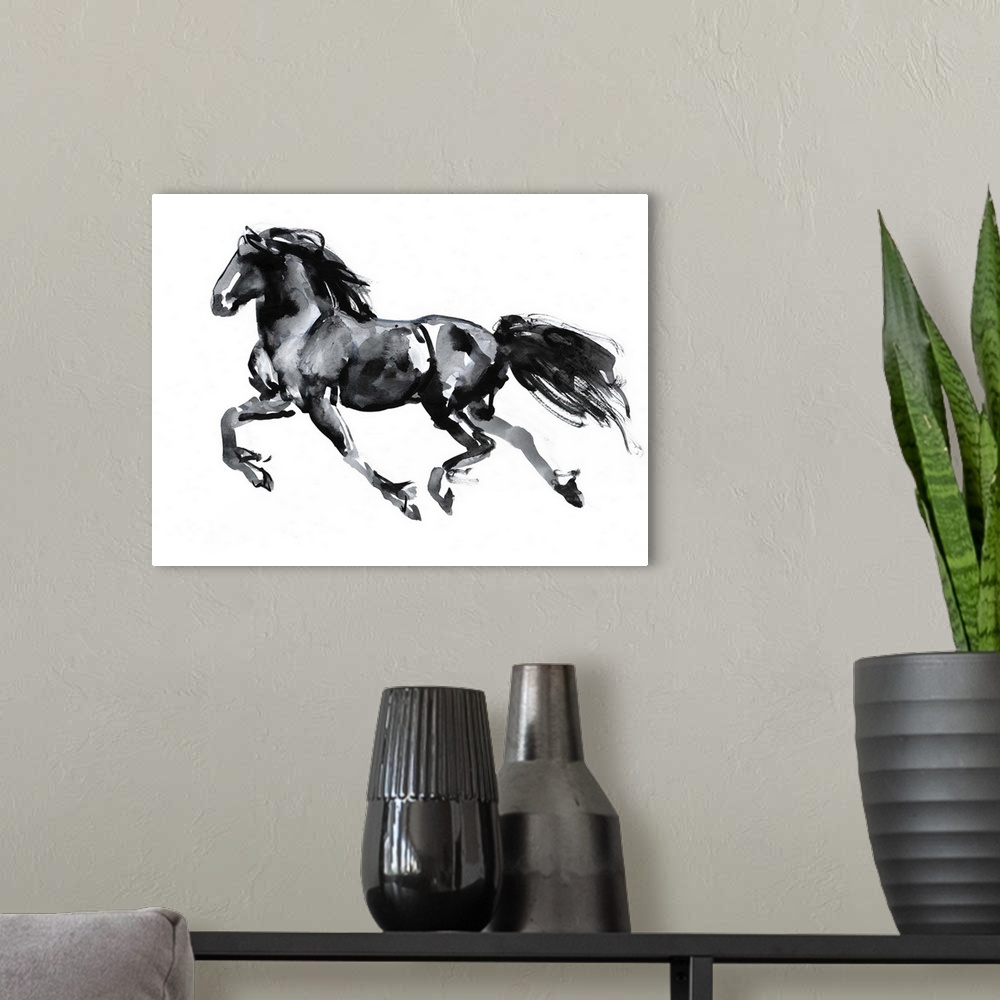 A modern room featuring Flying Friesian, 2015, chinese ink on paper.  By Mark Adlington.