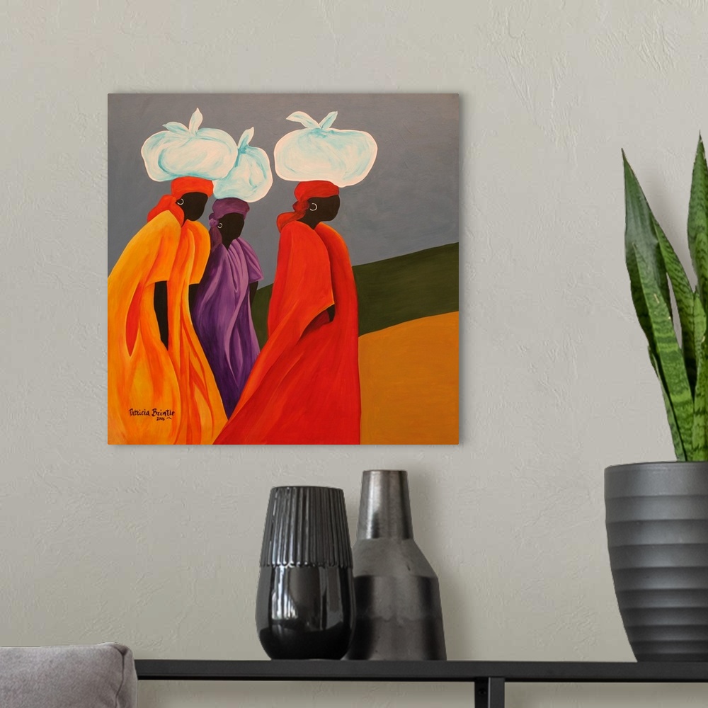 A modern room featuring Contemporary painting of Haitian women with tied bundles on their heads.