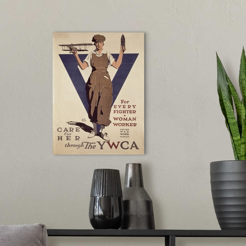 A modern room featuring XTD75419 "For Every Fighter a Woman Worker", 1st World War YWCA propaganda poster  by Treidler, A...