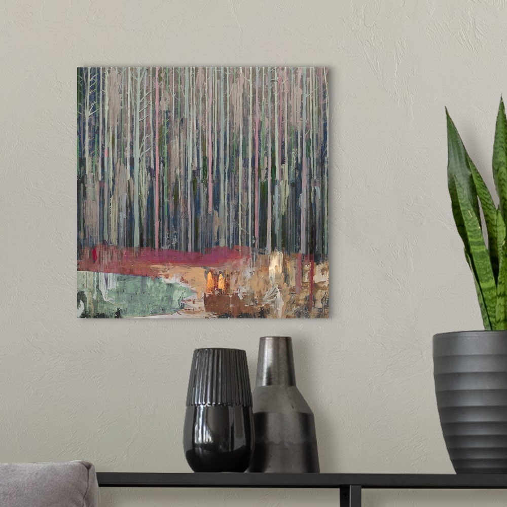 A modern room featuring Forest's Edge, 2017, (Mixed Media on Wood panel)
