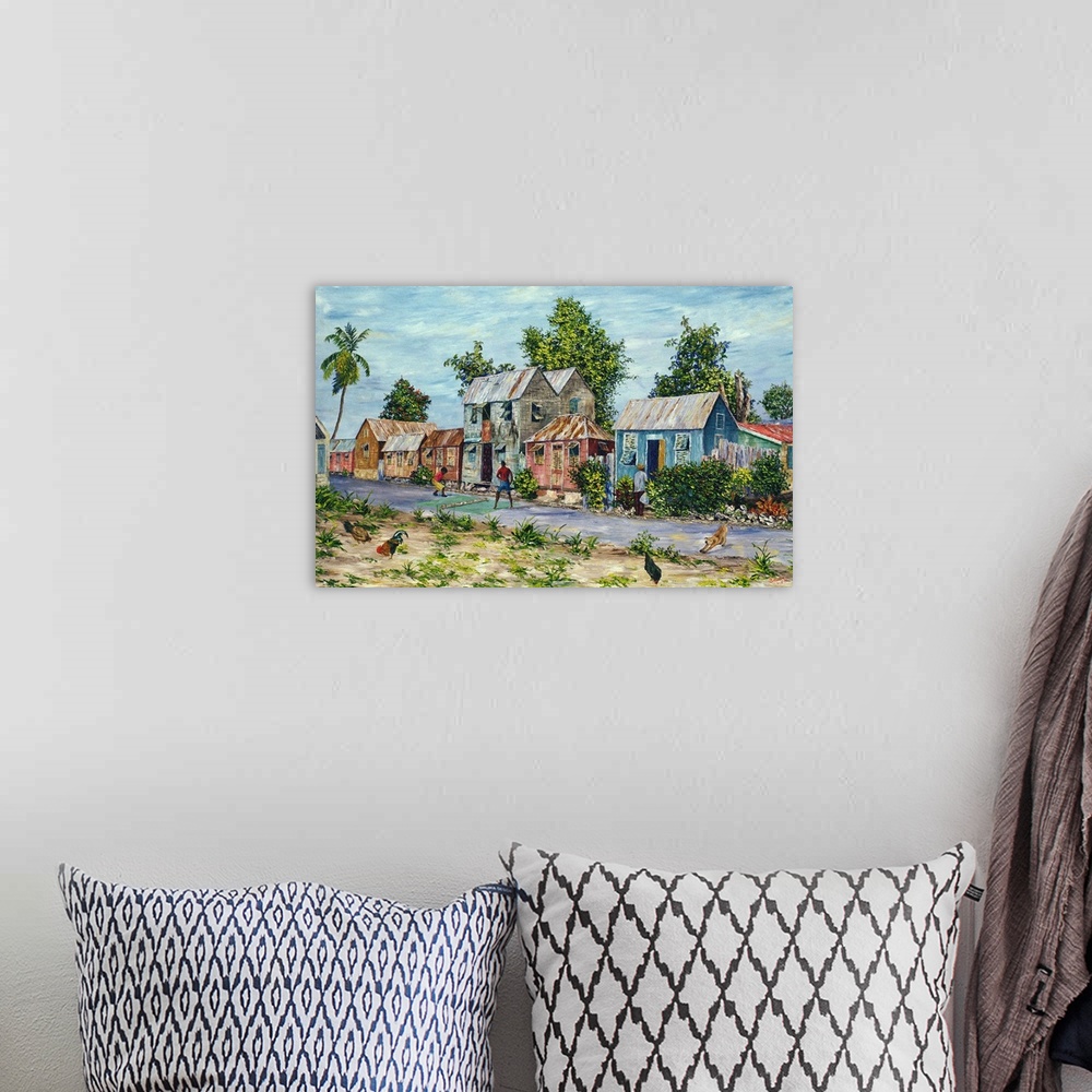 A bohemian room featuring Big oil painting on canvas of a village with kids playing in the street in front of brightly colo...