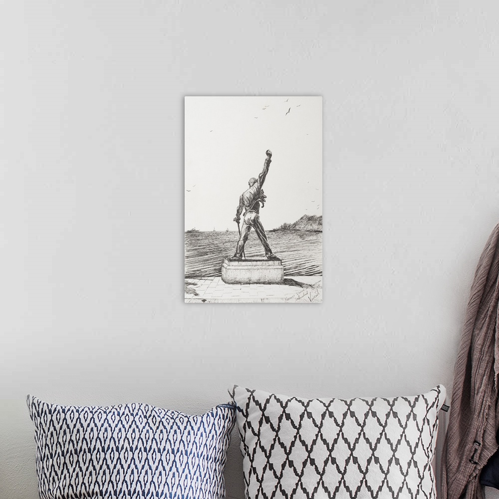 A bohemian room featuring Contemporary artwork of a statue of Freddie Mercury.