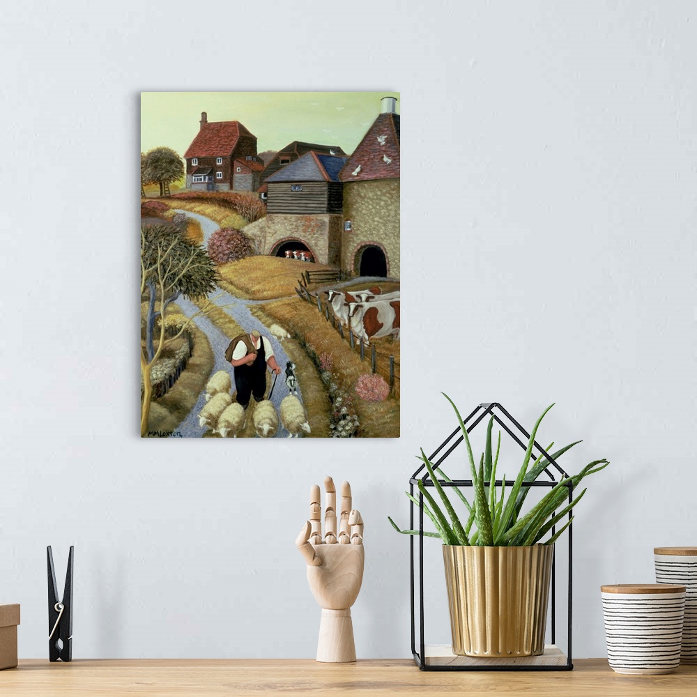 A bohemian room featuring Contemporary painting of a shepherd walking down a road through a city.