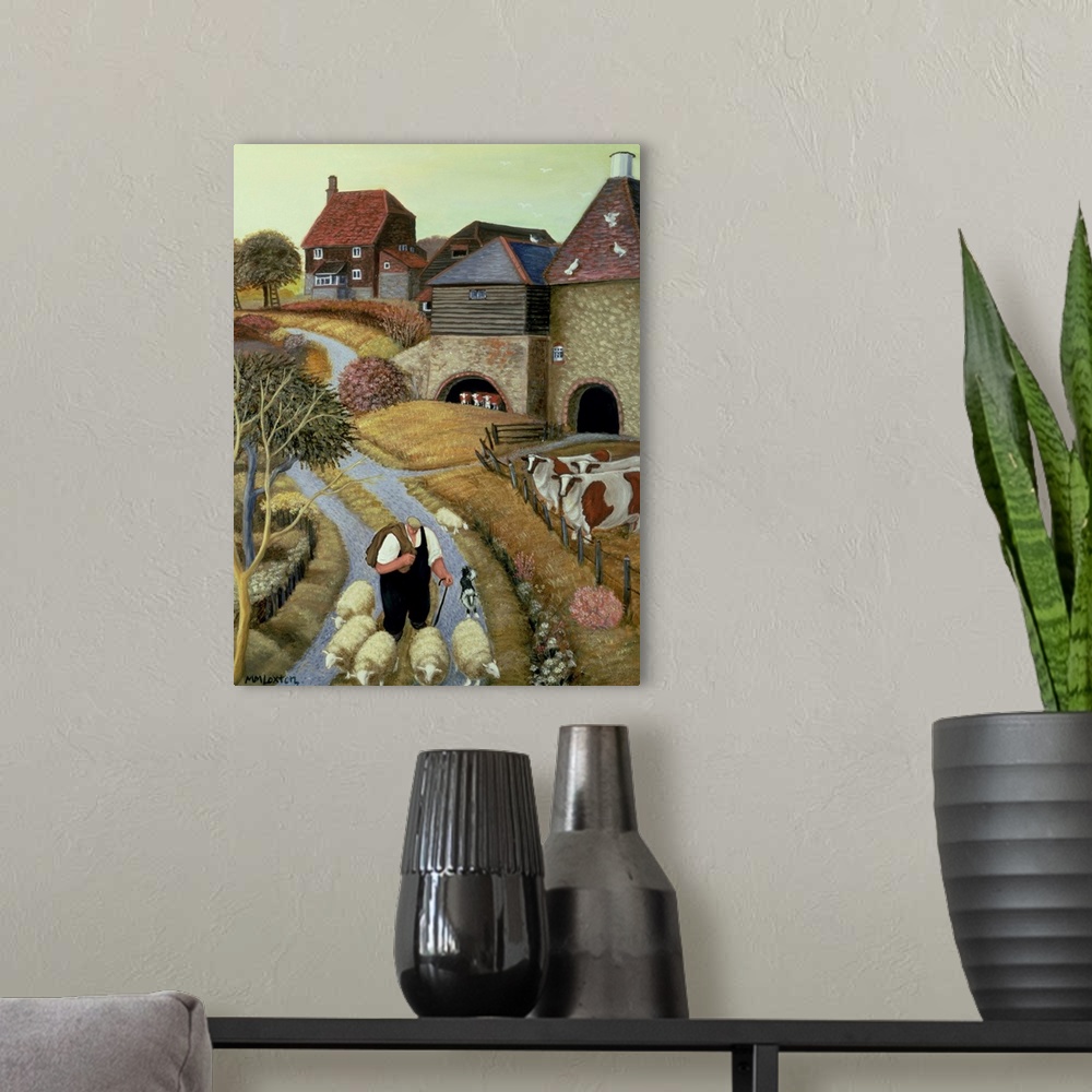 A modern room featuring Contemporary painting of a shepherd walking down a road through a city.